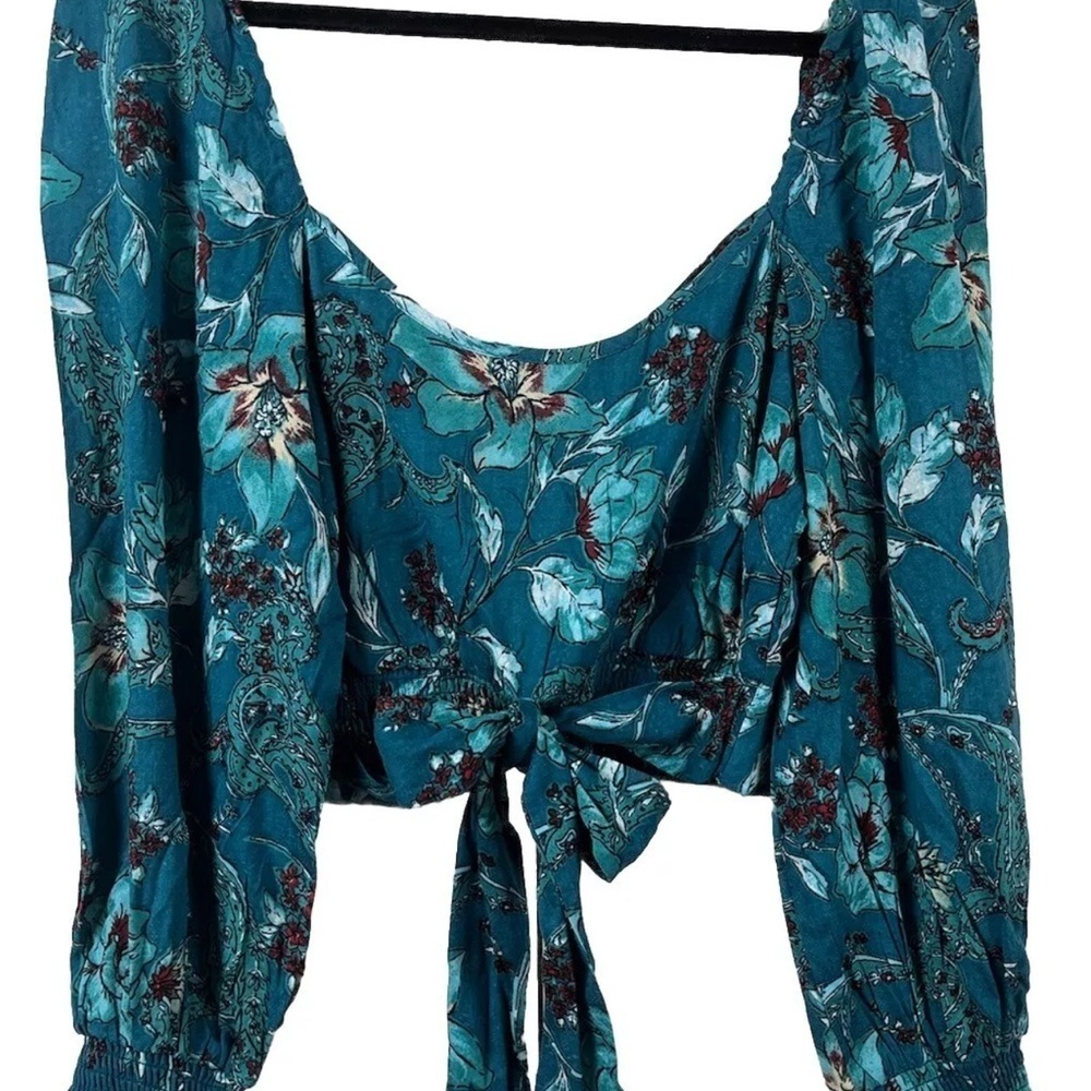 NWT Band of the Free Sybille Teal Floral Crossover Crop Top Size Large - Picture 4 of 7